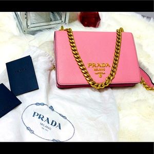 PRADA Pink Saffiano Chain Shoulder Bag.